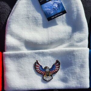 American Eagle Patched Knit Cuffed Beanie in White.